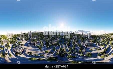 360 Grad. Futuristische Stadt, Stadt. Architektur der Zukunft. Luftaufnahme. 3d-Rendering. Sphärisches Panorama Stockfoto