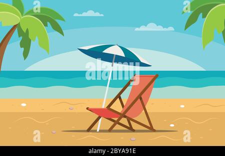 Strandliege mit Sonnenschirm, Strandszene mit Meer und Palmen. Vektorgrafik im flachen Stil Stock Vektor