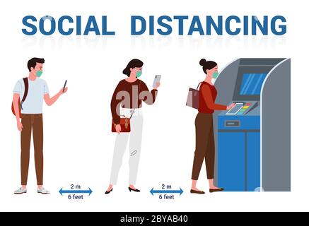 Darstellung der physischen Distanz, die von mehreren Personen durchgeführt wird, die eine Maske tragen, während sie in der Warteschlange stehen und mit automatischen Geldautomaten transacting. Stock Vektor
