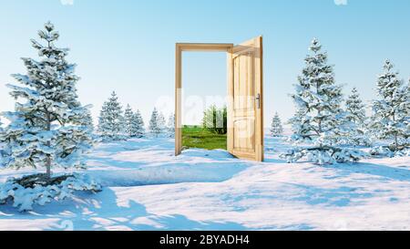 Tür geöffnet. Ein Portal Winter zu Sommer, Wechsel der Jahreszeiten Konzept. Übergang. 3d-Rendering. Stockfoto