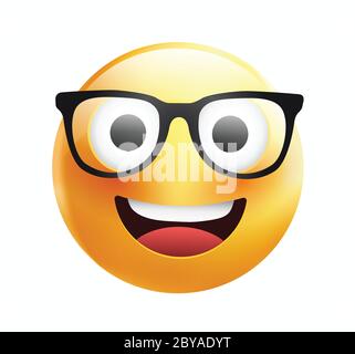 Hochwertiges Emoticon auf weißem Hintergrund. Gelbes Gesicht mit Brille.Süße lächelnde Emoticon trägt Brillen, Emoji, Smiley Vektor-Illustration. Stock Vektor