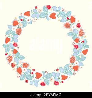 Vektor bunte Erdbeere Sommer Kranz. Modernes, lebendiges, sich wiederholendes Design. Handgezeichnetes kuscheliges Illustrationsset. Handgezeichnete Beerenfrucht-Design mit Blatt und Blüte auf cremefarbenem Hintergrund. Stock Vektor