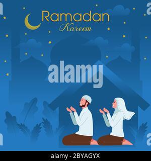 Illustration eines muslimischen männlichen und weiblichen Paares, das zusammen betet und Ramadan Kareem mit einem nächtlichen Hintergrund sagt. Stock Vektor