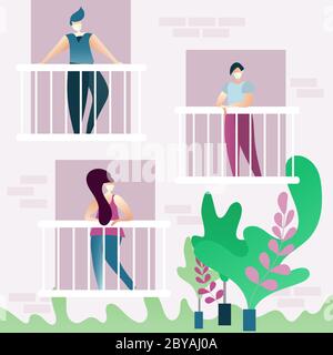 Menschen mit medizinischen Masken stehen auf Balkonen während Coronavirus Epidemie Zeit. Covid-19 Sicherheitsvorkehrungen. Quarantänekonzept für die Selbstisolierung. Bleiben Stock Vektor