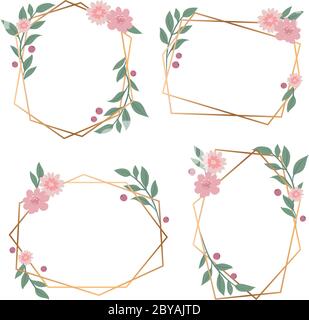 Geometrischer Rahmen mit Blumen - elegante Hochzeitseinladung, Postkartenvorlage, Vektorgrafik. Set aus 4 verschiedenen Rahmen Stock Vektor