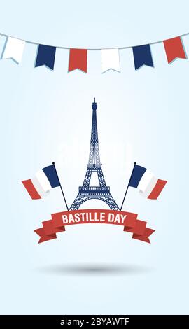 bastille-Tag-Karte mit eiffelturm und frankreich Fahnen Vektor-Illustration Design Stock Vektor