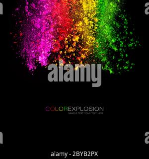 Fallendes farbiges Pulver. Regenbogen aus rosa, rot, orange, gelb und grün Staub auf schwarzem Hintergrund. Vorlagendesign mit Beispieltext Stockfoto