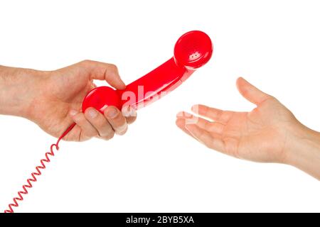 Mann Frau rotes Telefon verleihen Stockfoto