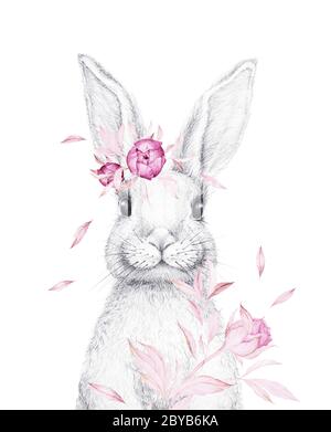 Niedlicher Hase. Osterhase. Tierstift Zeichnen. Waldfreunde. Aquarell rosa Blüten. Kinderzimmer Wandkunst. Weißer Hintergrund Stockfoto