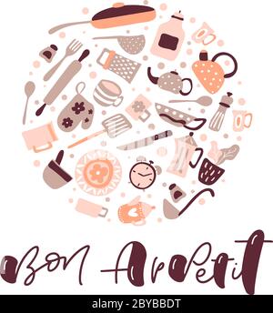 Grußkarte mit Bon Appetit Kalligraphie Schriftzug Vektor Text für Lebensmittel Blog Küche. Hand gezeichnet niedlichen Zitat Design Kochen skandinavischen Element. Für Stock Vektor