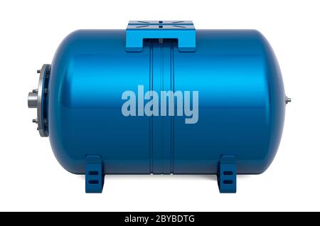 Blue Pressure Tank Vessel Expansion für Hauswasserwerk Pumpe, Membran Trinkwasser, 3D-Rendering isoliert auf weißem Hintergrund Stockfoto