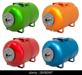 Farbige Druckbehälter-Erweiterung für Hauswasserwerk Pumpe, Membran Trinkwasser, 3D-Rendering isoliert auf weißem Hintergrund Stockfoto