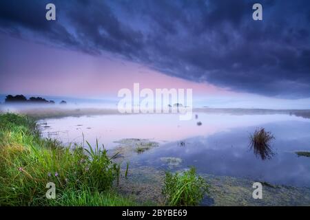 Nebliger Sonnenaufgang über dem wilden See Stockfoto