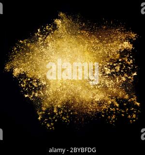 Nahaufnahme goldener Glitzer Explosion. Staubpartikel auf Schwarz isoliert. Abstrakter Hintergrund. Farbexplosion Stockfoto