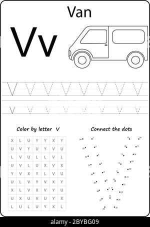 Buchstabe V. Buchstabe des Alphabets. Arbeitsblatt. Aufgabe für Kinder. Lernen von Briefen Stock Vektor