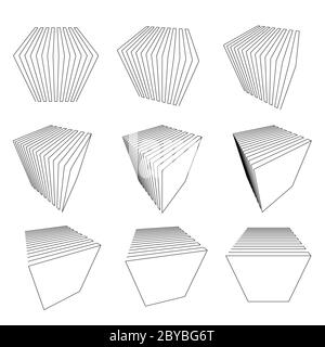 Sammlung von abstrakten Design-Elementen aus Würfeln oder Fragmenten von Würfeln und geometrischen Formen in verschiedenen Positionen zusammengesetzt Stock Vektor