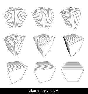 Sammlung von abstrakten Design-Elementen aus Würfeln oder Fragmenten von Würfeln und geometrischen Formen in verschiedenen Positionen zusammengesetzt Stock Vektor