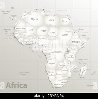 Afrika Karte Bunte, neue politische Detailkarte, einzelne Staaten, mit Stadt- und Meeresnamen, natürlicher Papier 3D-Schattenvektor Stock Vektor