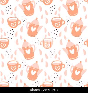 Tea Time skandinavischen nahtlose Muster. Tee Party Hintergrund Design. Handgezeichnete Doodle Illustration mit Teekannen, Tassen und Süßigkeiten Stock Vektor