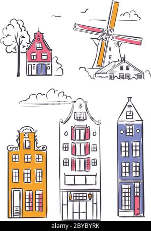 Amsterdamer Häuser und Windmühle im skizzenhaften Stil. Stock Vektor