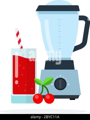 Ein Kirschzweig, Kirschsaft in einem Glas und ein Fruchtmixer flach isoliert Stock Vektor