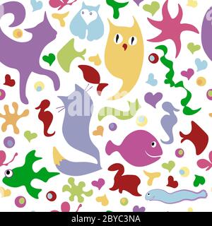 Kinder lustige Doodle nahtlose Muster mit Figuren von Tieren und Fisch Stock Vektor
