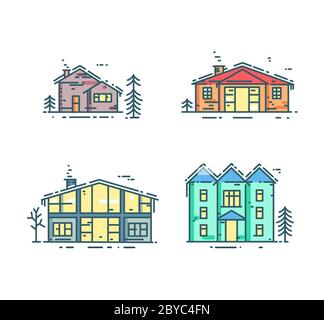 Bunte Linie Häuser Symbol gesetzt. Stock Vektor