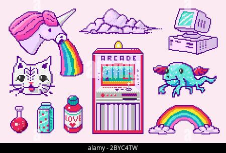 Pixel Art 8-Bit-Objekte. Charakter Pony Wolke Regenbogen Einhorn. Digitale Spielelemente im Retro-Look. Rosa Mode-Ikonen. Vintage Girly Aufkleber. Arkaden Computer Stock Vektor