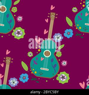 Hand gezeichnete Gitarre und Blumen Doodle nahtlose Muster Stock Vektor
