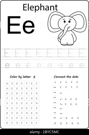 Buchstabe E. Buchstabe des Alphabets. Arbeitsblatt. Aufgabe für Kinder. Lernen von Briefen Stock Vektor