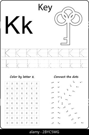 Buchstabe K. Buchstabe des Alphabets. Arbeitsblatt. Aufgabe für Kinder. Lernen von Briefen Stock Vektor