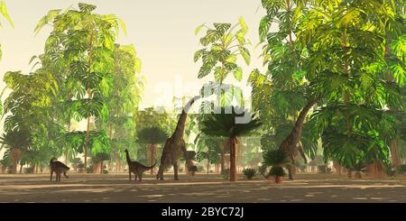 Argentinosaurus Herdenfressende - EIN Cycad und Monstera deliciosa Wald in der Kreidezeit bietet Futter für eine Herde von Argentinosaurus Dinosaurier. Stockfoto
