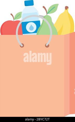 Supermarkt Papiertüte mit Früchten und Wasserflasche auf weißem Hintergrund, detaillierte Stil, Vektor-Illustration Stock Vektor