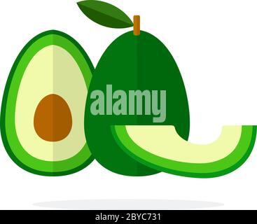 Ganze Avocado vertikal, halb Avocado mit Knochen und Avocado-Segment flach isoliert Stock Vektor
