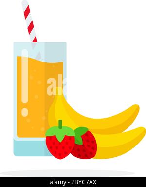 Banana Erdbeer Smoothies in einem Glas mit Strohhalmen und Bananen und Erdbeeren in der Nähe flach isoliert Stock Vektor