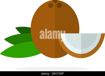 Ganze Kokosnuss, Kokosnussblätter und ein Stück Kokosnuss flach isoliert Stock Vektor