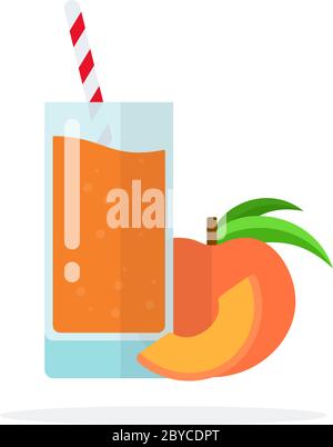 Aprikosensaft im Glas mit Strohhalmen, reife Aprikose und ein Stück Aprikose flach isoliert Stock Vektor