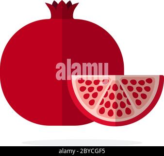 Granatapfelfrucht und ein Stück Granatapfel flach isoliert Stock Vektor
