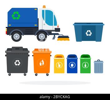 Satz von Vakuum-Kehrmaschine und Mülltonnen und Container Vektor-Symbol flach isoliert Stock Vektor