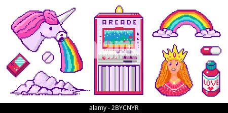 Pixel Art 8-Bit-Objekte. Charakter Pony Wolke Regenbogen Einhorn Prinzessin. Digitale Spielelemente im Retro-Look. Rosa Mode-Ikonen. Vintage Girly Aufkleber. Arkaden Stock Vektor