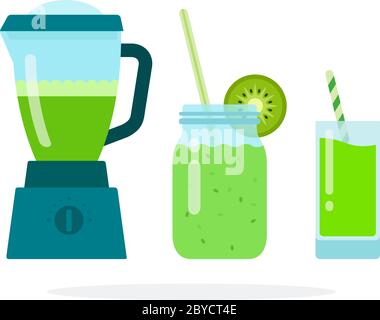 Grüne Smoothies in einem Mixer, in einem Glas mit einem Stroh, in einem Glas flach isoliert Stock Vektor