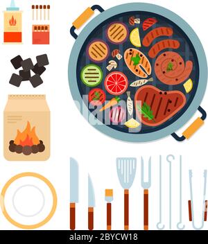 Eine Reihe von Produkten auf dem Grill. Grill Utensil mit Platte, Holzkohle, Streichhölzer und Coaling Flüssigkeit flach isoliert Stock Vektor