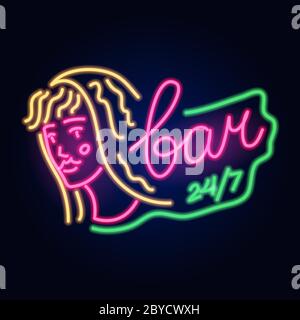 Neon Girl in Brille. Modeschild. Nachtlicht Schild, leuchtendes Banner. Sommeremblem. Club Bar Logo auf dunklem Hintergrund. Partyfrau. Stock Vektor