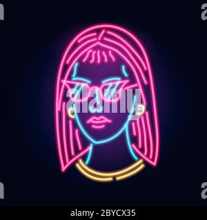 Neon Girl in Brille. Modeschild. Nachtlicht Schild, leuchtendes Banner. Sommeremblem. Club Bar Logo auf dunklem Hintergrund. Partyfrau. Stock Vektor