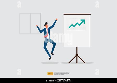 Glückliche Geschäftsmann springt, weil steigern Sie Umsatz Präsentation Bericht auf Whiteboard. Finanzleistung Konzept. Business-Gewinn mit Wachstum nach oben Pfeil ein Stock Vektor