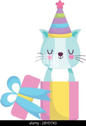 Baby Dusche, nette Katze kommen Geschenk-Box Feier, ankündigen Neugeborenen Begrüßungskarte Vektor-Illustration Stock Vektor