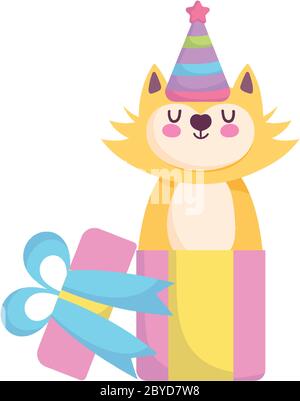 Baby Dusche, nette Katze kommen Geschenk-Box Feier, ankündigen Neugeborenen Begrüßungskarte Vektor-Illustration Stock Vektor