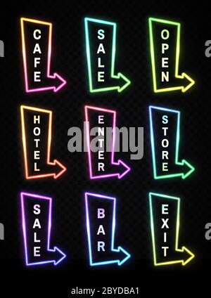 Neon Licht realistische Pfeile Zeichen auf transparentem Hintergrund gesetzt. Gradientenzeiger Schild Café, Verkauf, Hotel, Bar, Ausgang, öffnen, betreten, Geschäft zeigt d Stock Vektor