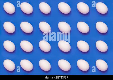 Weiße Eier auf einfarbigem Hintergrund angeordnet Stockfoto