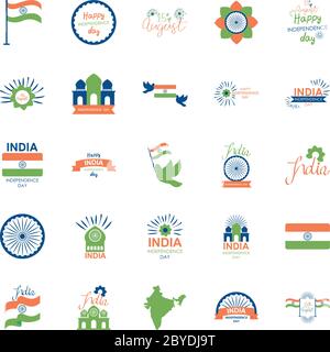 Schriftzüge Designs von indien Unabhängigkeit Tag Ikone gesetzt über weißem Hintergrund, flacher Stil, Vektor-Illustration Stock Vektor